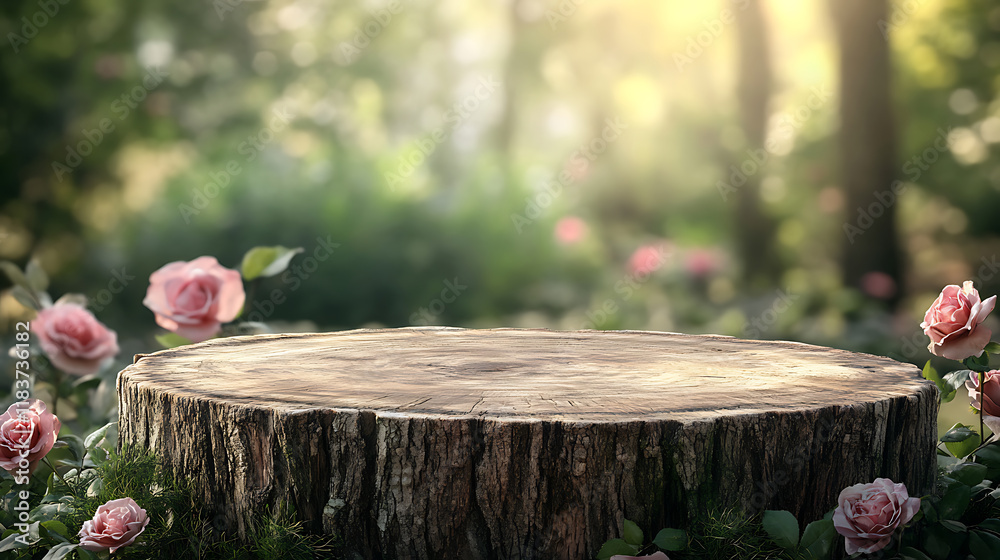 Poster Empty old tree stump table top with blur rose garden background for product display template, mock up, panoramic image