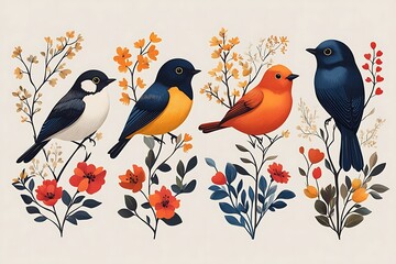 Colorful birds perched on flowers with white background Happy Valentine Day

