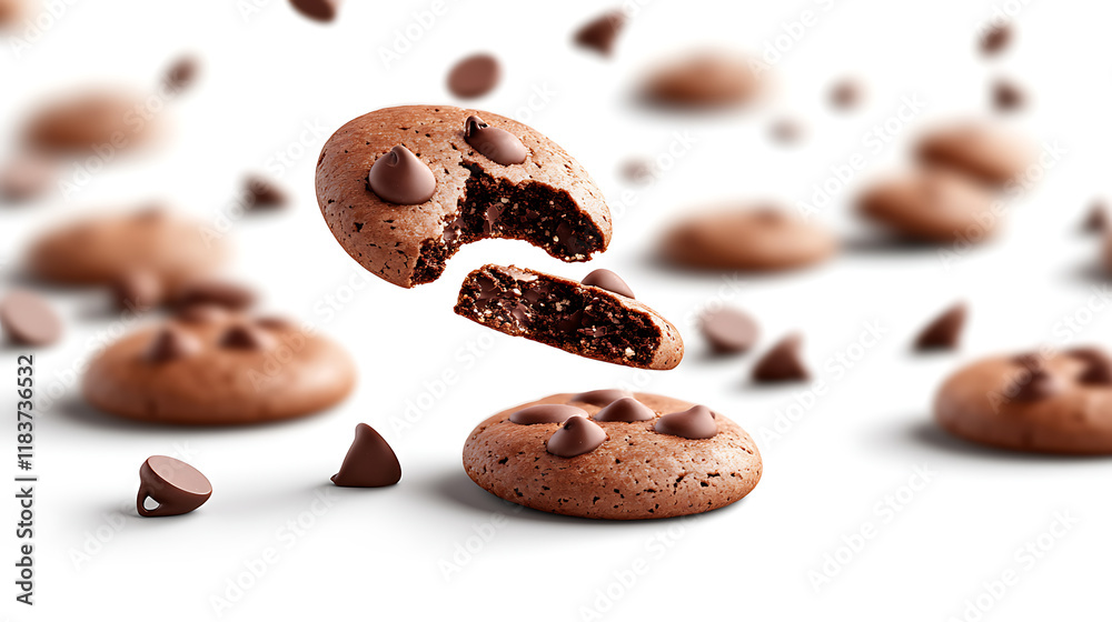 Poster falling broken chocolate chip cookies isolated on white background with clipping path, flying biscui