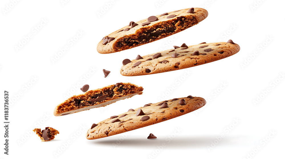 Poster falling broken chocolate chip cookies isolated on white background with clipping path, flying biscui