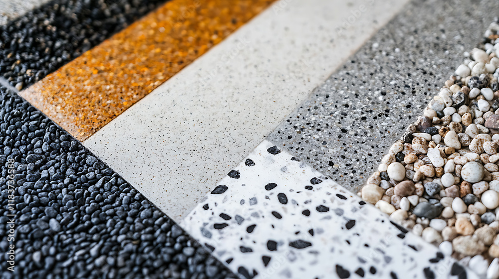 Poster Exposed aggregate concrete with different colored pebbles in close-up
