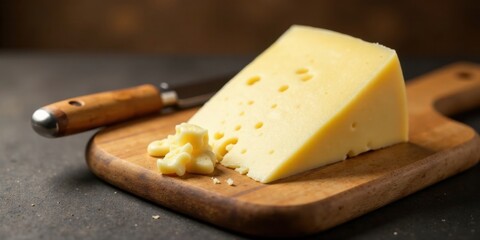 A wedge of nutty cheese sits on a wooden cutting board next to a small knife and some cheese pieces.