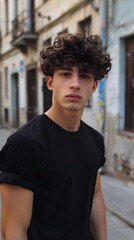Fototapeta premium A young man stands confidently on a city street, surrounded by aged buildings, with curly hair catching the warm sunlight. His thoughtful gaze reflects a moment of contemplation.