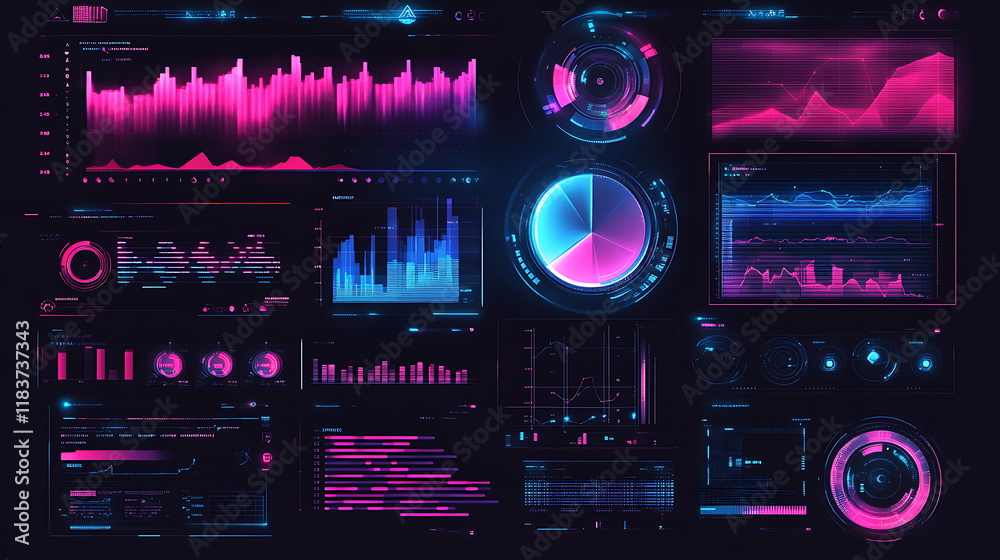 Leinwandbilder Futuristic technology for global data analysis complexity graphs and analytical diagrams in technology background bright neon dark