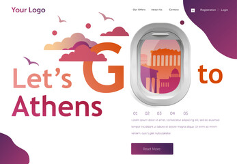 Landing page template for your holiday flight to Athens. Banner, site, poster template. Travel and tourism concept for website template. Vector illustration.
