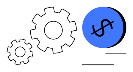Three gears rotate toward a blue circle featuring a dollar sign, suggesting financial integration, economic processes, productivity, and efficiency. Ideal for business, finance, economics