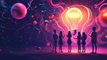 Young Minds Exploring a Universe of Ideas: A Glowing Lightbulb in a Cosmic Dreamscape © Abdillah_ART