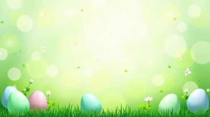 Fototapeta premium Pastel Eggs in Spring Meadow with Delicate Flowers and Soft Bokeh Background