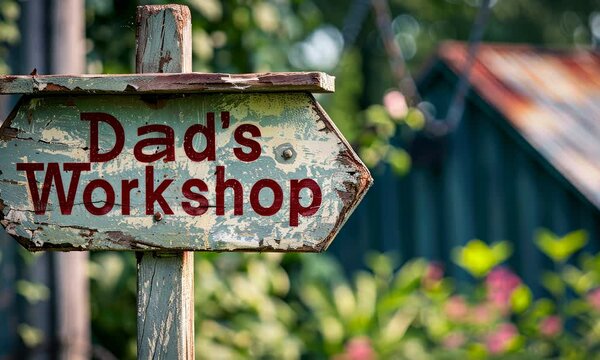 Weathered wooden sign reading "Dad's Workshop" with peeling paint
