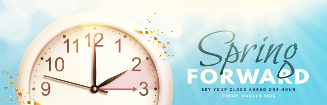 Spring Forward. Daylight saving time banner with realistic 3d wall clock, golden confetti and bright sun rays on blue sky background. Set your clock ahead one hour on 9 March 2025. Vector illustration