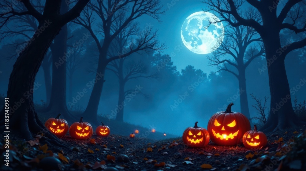Poster enchanted forest path with glowing jack-o'-lanterns under a full moon