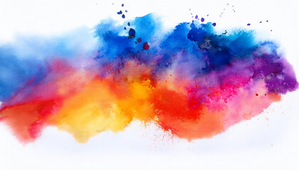 Fototapeta premium A vibrant splash of watercolor in shades of blue, orange, pink, and purple, creating an abstract and artistic effect on a white background.