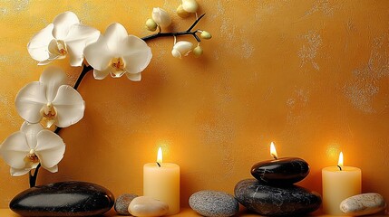 Elegant spa backdrop with orchids. Minimalist design with soothing yellow tones, perfect for wellness or relaxation banners and cards.