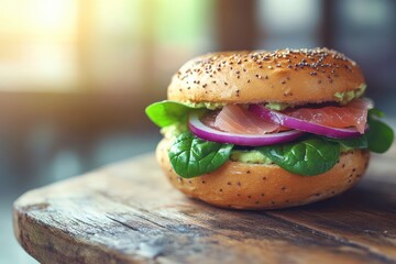 New wholesome bagel sandwich smoked salmon on an everything bagel with spinach red onions avocado and cream cheese set on a rustic wooden table with a blurred b