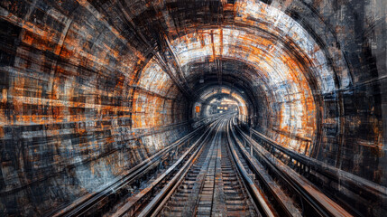 A captivating subway tunnel scene showcasing light trails and dynamic movements through multiple exposures.