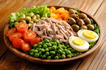 Nicoise salad featuring tuna eggs green beans tomatoes olives lettuce and anchovies
