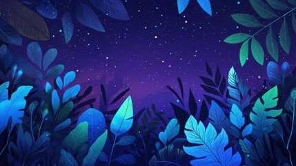 Fototapeta premium A serene, colorful illustration of lush foliage under a starry night sky, blending deep blues and greens in a tranquil, nature-inspired scene.