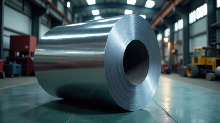 A large coil of gleaming metallic sheet rests on a factory floor