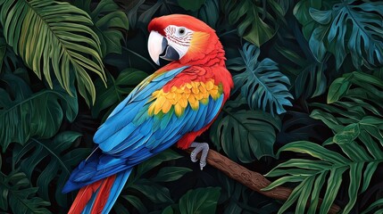A vibrant macaw perched on a branch amidst lush green foliage, showcasing its striking red, blue, and yellow plumage.