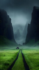 Misty valley landscape with path and cliffs