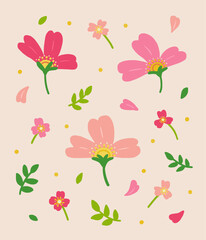 Pink flower and leaves pattern illustration