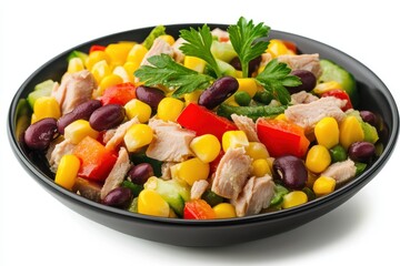 Nutritious tuna salad featuring corn peppers and beans on a white background Mexican corn medley