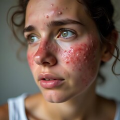 Close-up Portrait of a Young Woman with Severe Acne