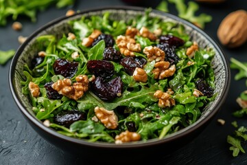 Nutritious vegan salad featuring beets prunes arugula chard and walnuts on a dark table