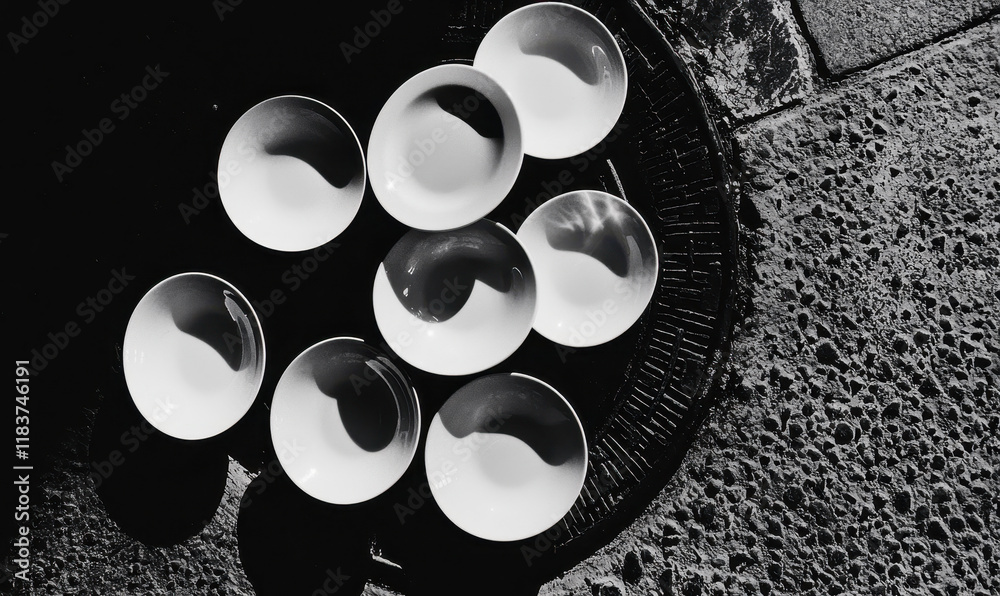 Poster black and white abstract image with circular patterns and textured surface