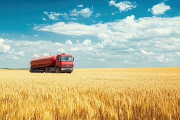 Fototapeta premium Oil truck in a summer wheat field