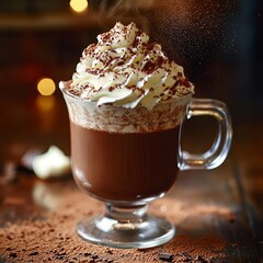 Hot chocolate with whipped cream sprinkled with cocoa powder.