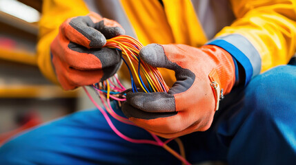 electrical engineer wearing protective gloves inspects colorful wiring in industrial setting, ensuring safety and functionality. vibrant wires contrast with engineer safety gear