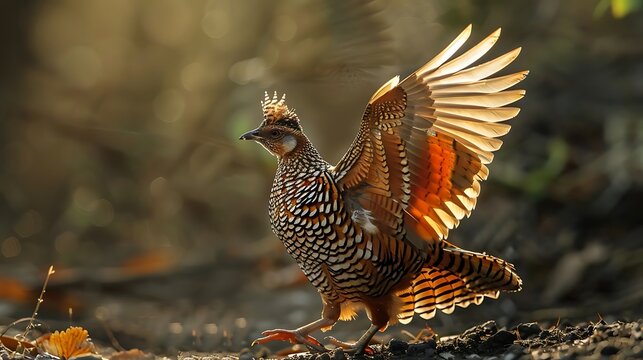 Ruffed grouse displays its plumage and wings in a forest setting for dynamic nature visuals.