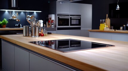 Modern Kitchen Island with Sleek Appliances and Wood Countertop