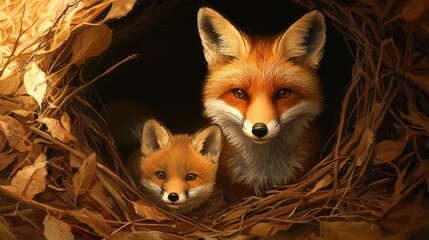 Fototapeta premium A cozy scene featuring a mother fox and her kit nestled together in a nest of leaves, showcasing their vibrant fur and expressive eyes.