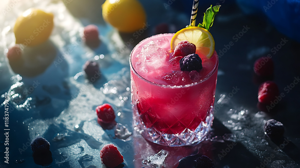 Poster Spring or summer refreshing cold cocktail or mocktail with berries and lemon, raspberry lemonade