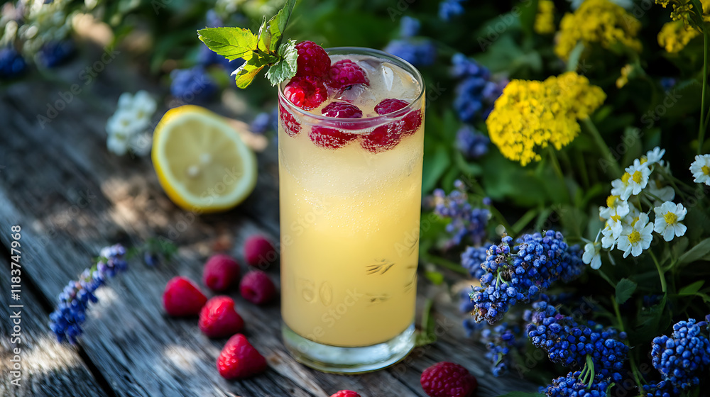 Poster Spring or summer refreshing cold cocktail or mocktail with berries and lemon, raspberry lemonade