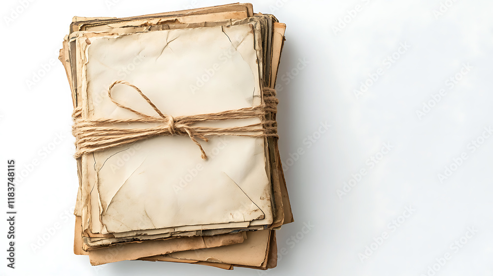 Poster stack of old letters wrapped with twine on white background, top view