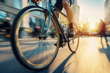 Fototapeta premium A dynamic shot of a cyclist racing through city streets, with abstract bicycle spokes conveying urban energy.