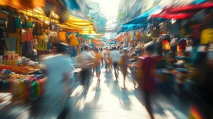Vibrant depiction of a busy street market with motion blur, showcasing urban life dynamics.