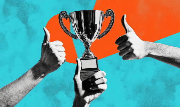 Contemporary art collage:  hand holding a trophy, with thumbs up in the foreground against a blue background.
