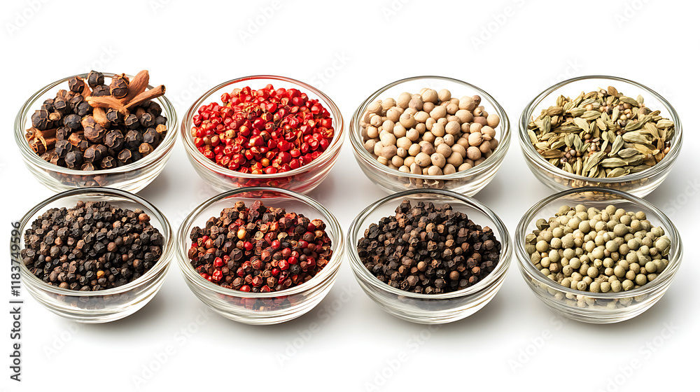 Poster various spices in a bowls on white background, top view with copy space