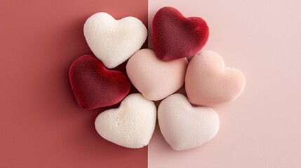Obraz premium Cluster of plush hearts on a plain pink and red background: Soft, velvety hearts in a range of pinks and reds, piled together with a fluffy, tactile texture that evokes warmth and