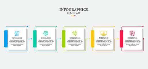 Obraz premium Concept of arrow business model with 5 successive steps. colorful rectangular elements. Timeline design for brochure, presentation. Infographic design layout