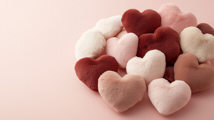 Obraz premium Cluster of plush hearts on a plain pink and red background: Soft, velvety hearts in a range of pinks and reds, piled together with a fluffy, tactile texture that evokes warmth and
