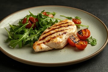 Plate of grilled chicken with arugula and tomatoes High quality image