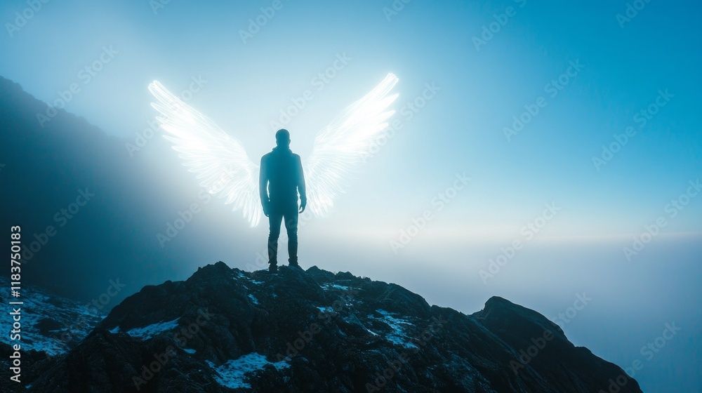 Poster a figure gazes into the horizon from a rugged cliff, ethereal glowing wings unfolding behind. the so