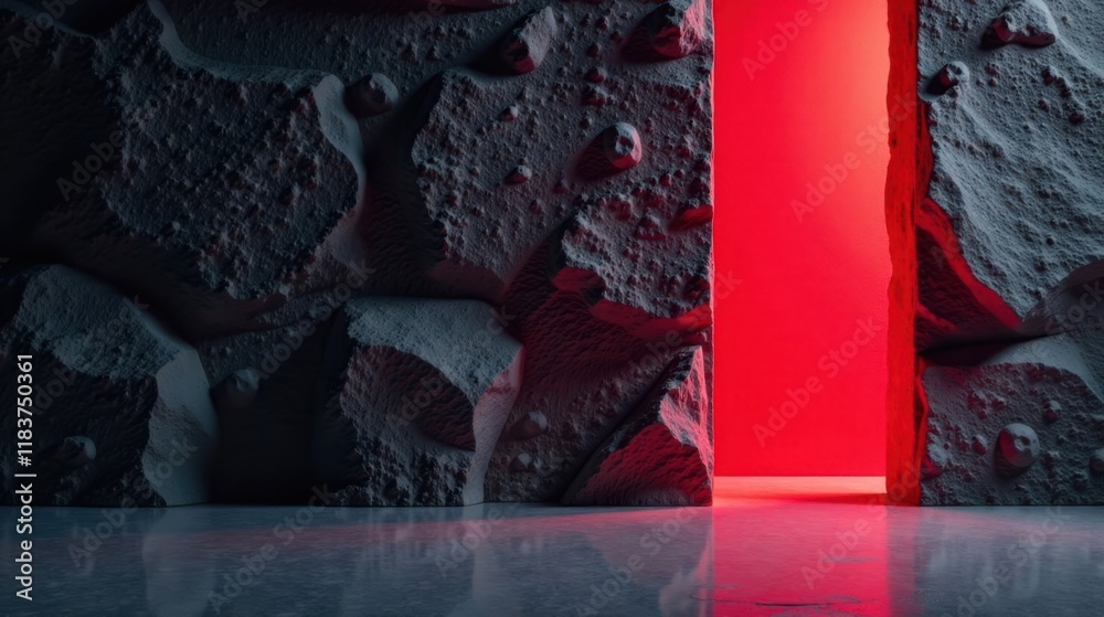 Aufkleber abstract red light illuminates a rough-textured stone passage