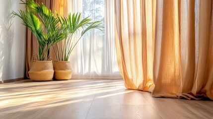 Sunlit Interior with Palm Plants and Beige Curtains