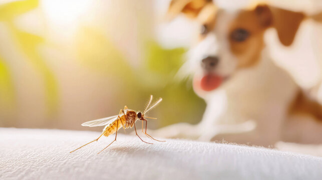 mosquito sits on surface with playful dog in background, creating lively scene